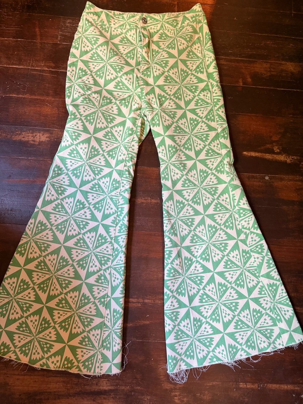 We The Free Green and White Geometric Flared Jeans